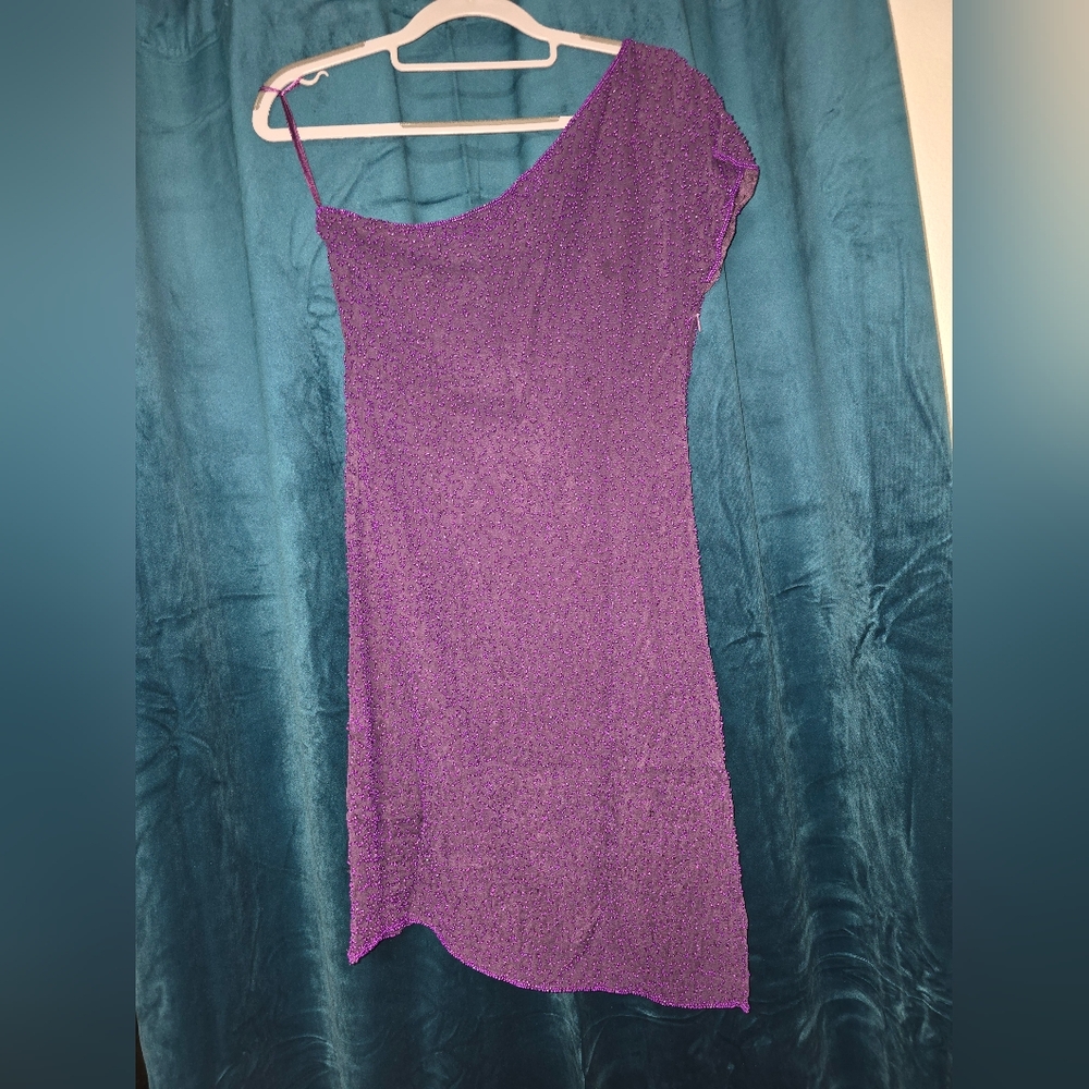 NWT Monique Leshman Purple Beaded Elegant‎ One-Shoulder Dress Size SM